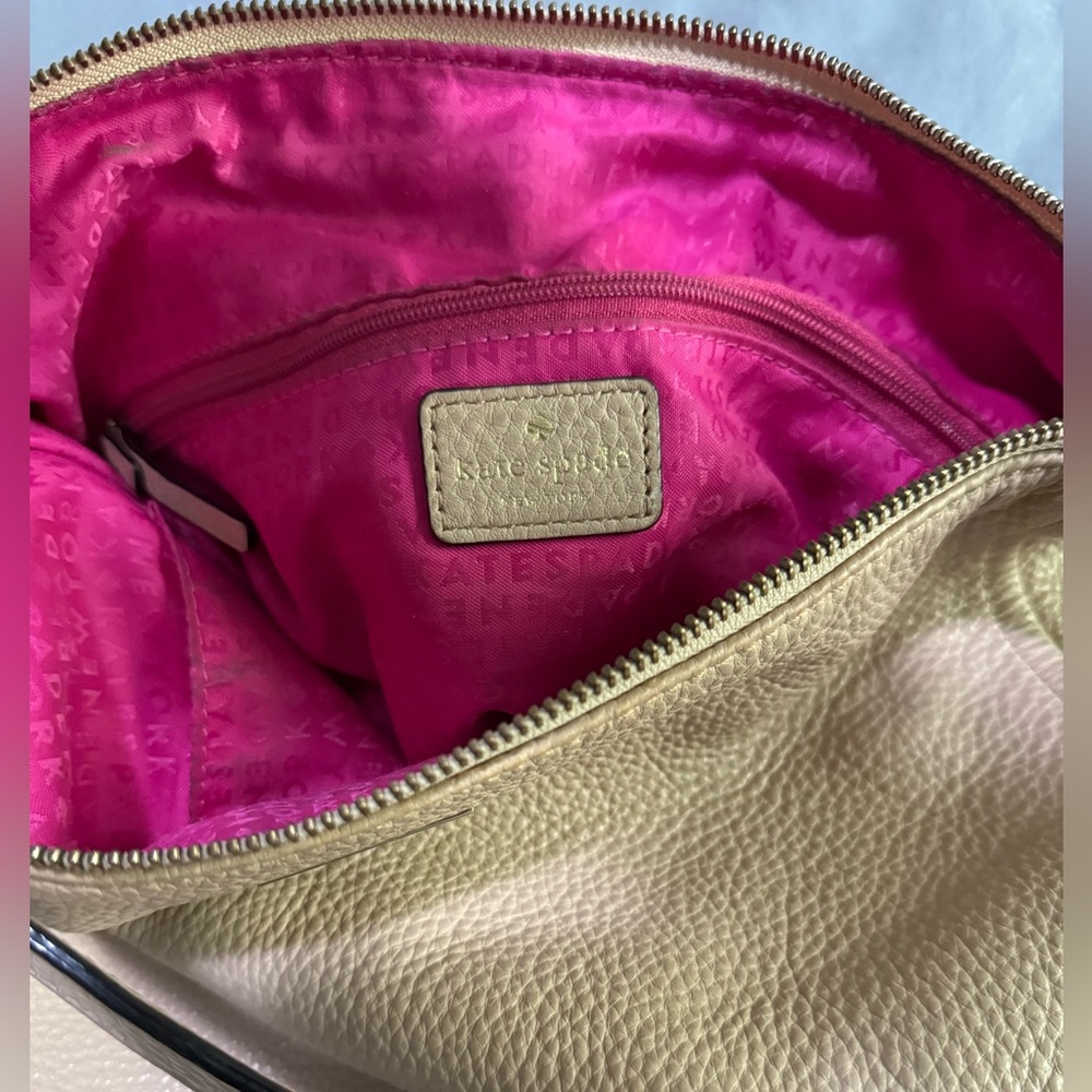 Kate Spade New York Beige Leather Pink Lined Zip Shoulder Tote Purse 15x11x4 - Picture 7 of 12